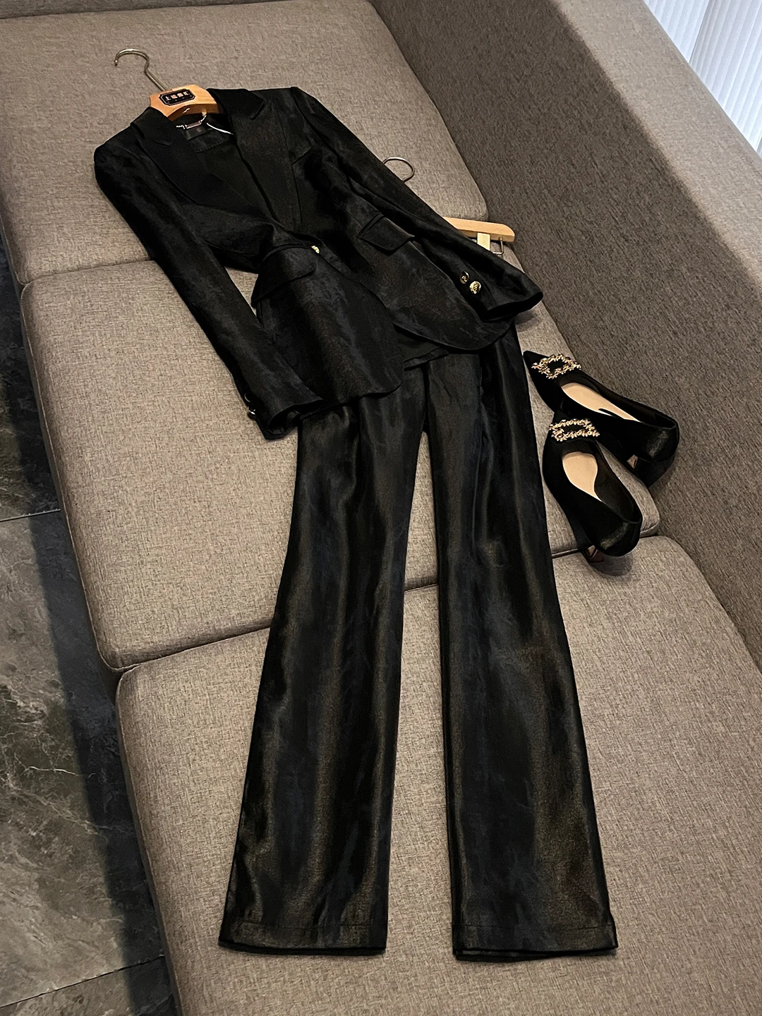 

Black Business Slim Fit Fashionable Korean Style Streetwear Popular Elegance Suit Set Z490 for Young Women 25-35 Years Old