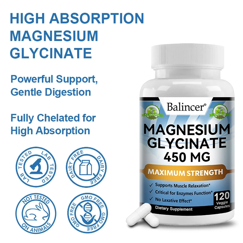 High Absorption MAGNESIUM GLYCINATE, 100% Chelated, Muscle and Nerve Health, Enzyme Function, Non-GMO, Vegan, Gluten Free 450 Mg