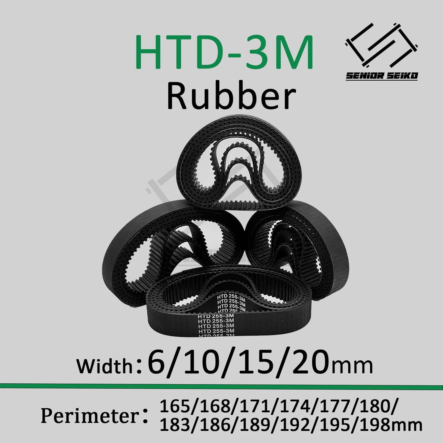 HTD 3M Timing Belt Length 165/168/171/174/177/180/183/186/189/192/195/198mm Width 6/10/15/20mm Pitch 3mm Closed Synchronous Belt