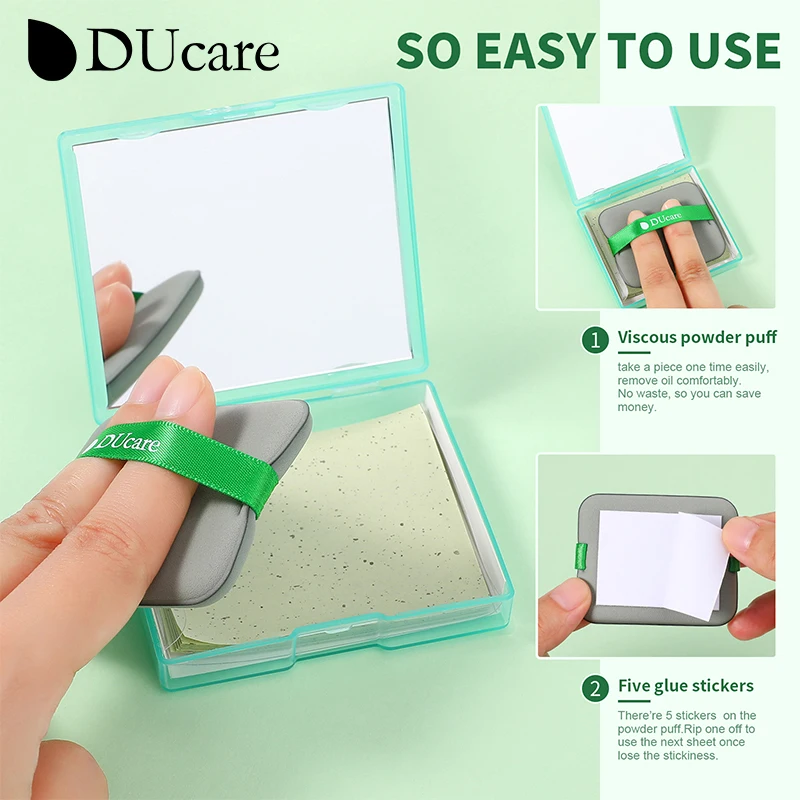 DUcare Oil Blotting Sheets for Face, 100Pcs Green Tea Oil Absorbing Sheets Paper For Oily Skin with Mirror Case & Makeup Puff