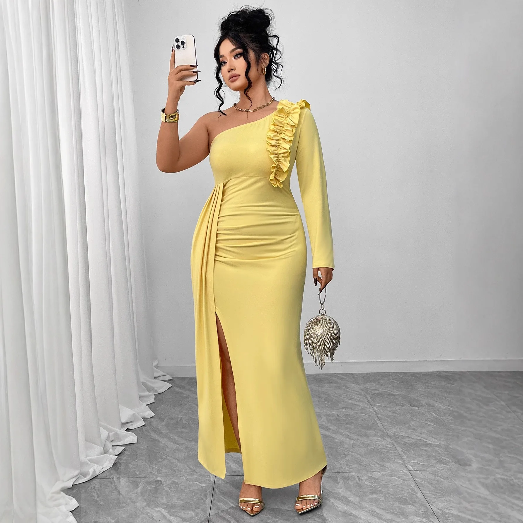 Elegant Party Dress Wedding Guest One Shoulder Ruffle Dresses Luxury Solid Yellow Evening Dress Asymmetrical Neckline Maxi Dress
