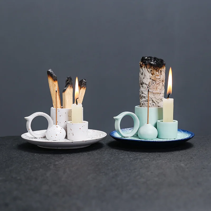 مبخرة 4 في 1، حامل سيج بالو سانتو، حامل عصا البخور، حامل شموع، مبخرة سيراميك لغرفة المعيشة والتأمل