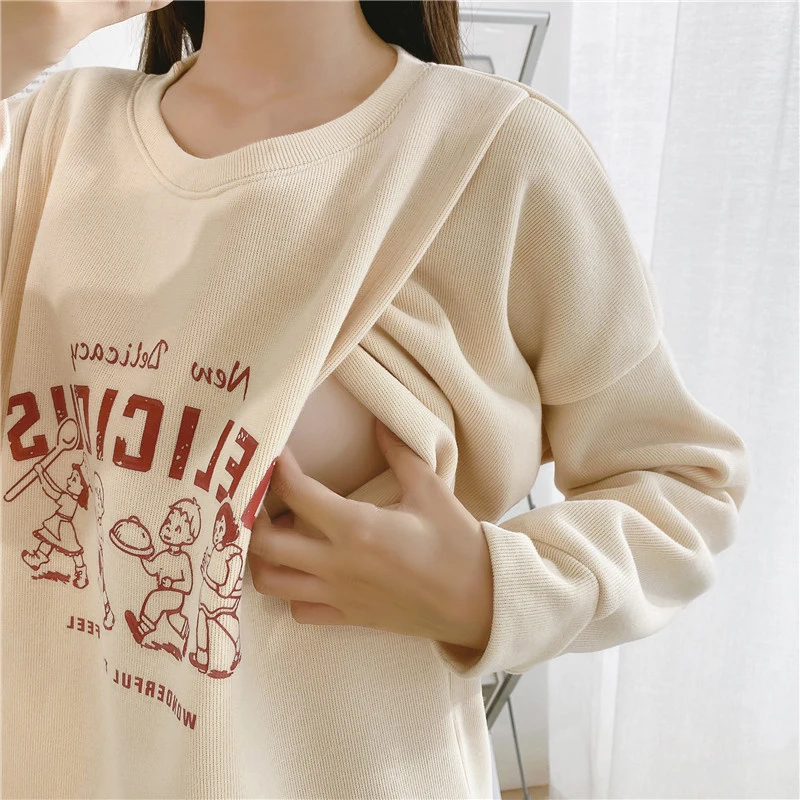 

Maternity Spring Autumn Sweatshirt Pullover Left And Right Side Openings Breastfeeding Character Nursing Print Sweaters Clothes