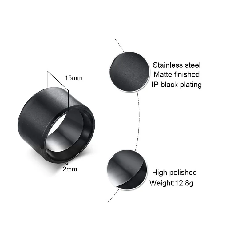 Simple 15mm Chunky Men Band Black Stainless Steel Wide Bulky Man\'s Ring Punk Male Alliance Anel
