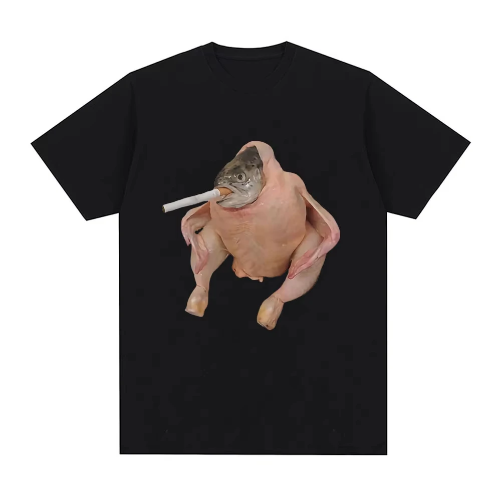 魚の顔の鶏がタバコを吸っている ミーム Tシャツ 面白い メンズ レディース服 原宿 Tシャツ ユニセックス コットン グラフィック Tシャツ