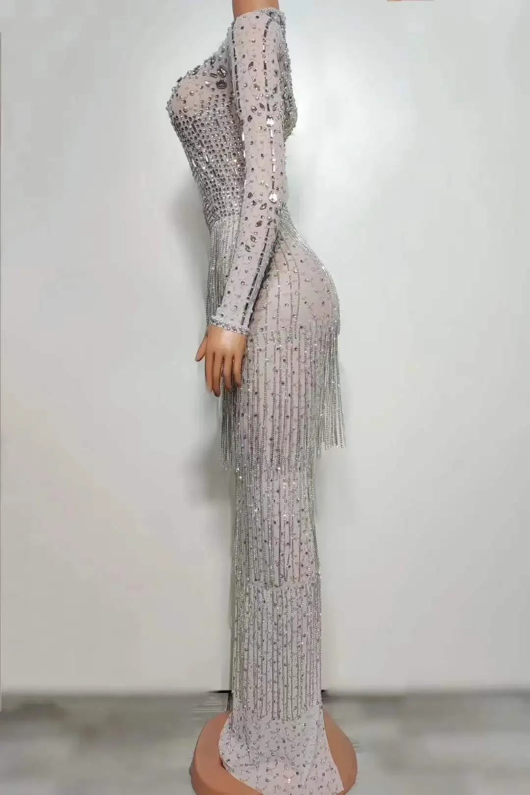 White Long Dress For Women Luxury Rhinestone Fringe Drill Chain Singer Birthday Party Drag Queen Costume Wedding Evening Night