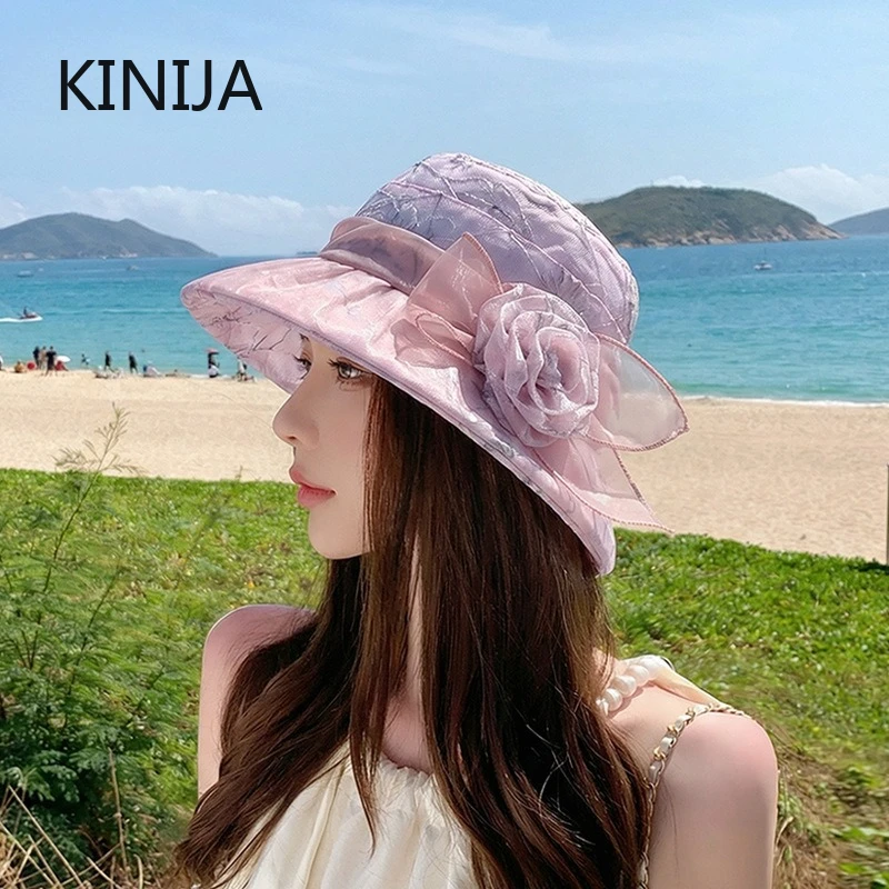 French Style Bucket Hat Women Flower Bow Summer Hats for Women Casual Sunscreen Breathable Sun Hat Ladies Sun Hat