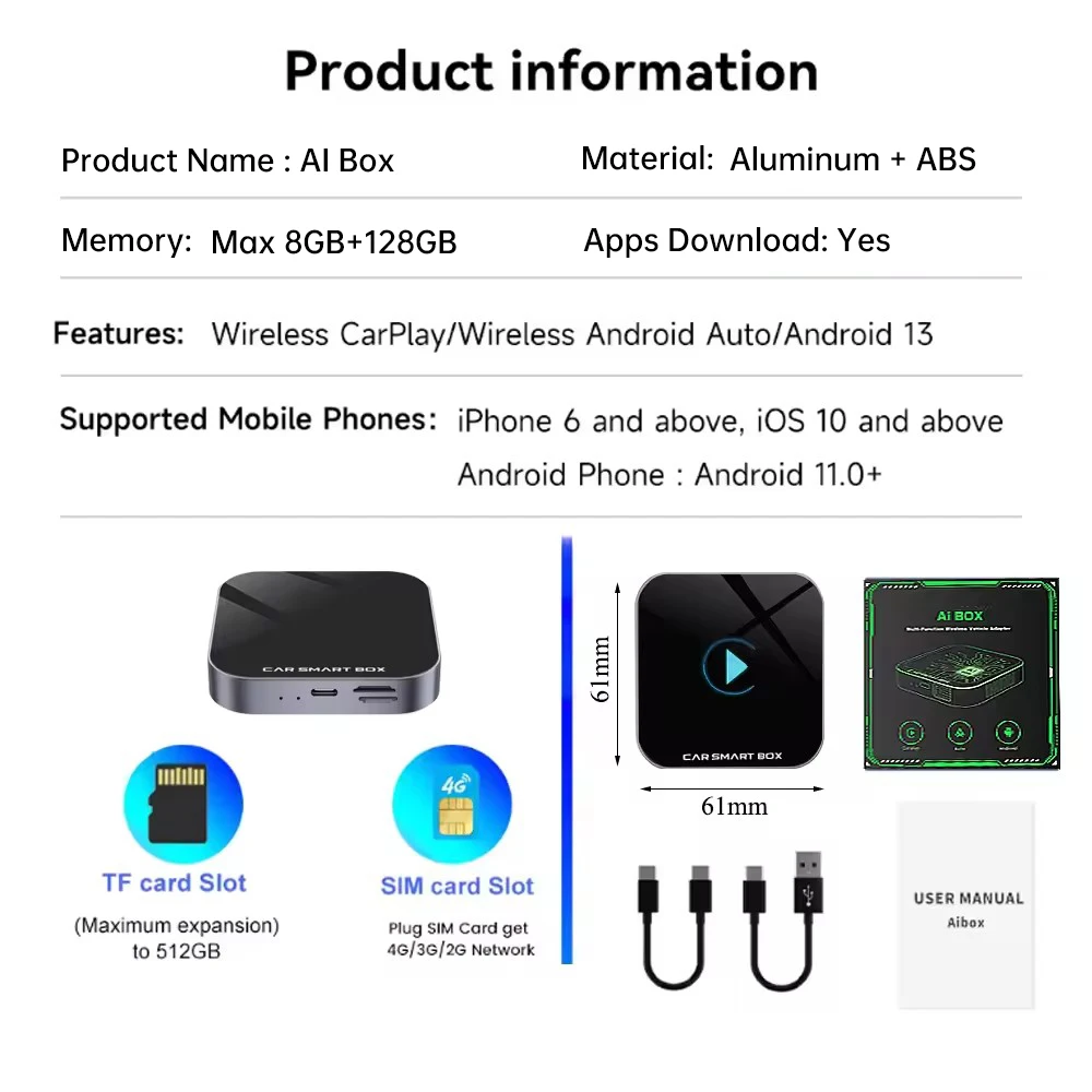 OEM ODM 8+128G Android 13 Car Play Wireless Receiver Adapter Ai Carplay Box Adaptateur For Iphone Wired To Multimedia 4K Video