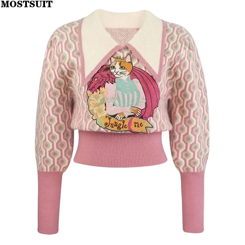 Pink Cartoon Embroidered Sweater Pullover Women Vintage Elegant Stylish Ladies Tops Autumn Winter Long Sleeve Fashion Jumpers