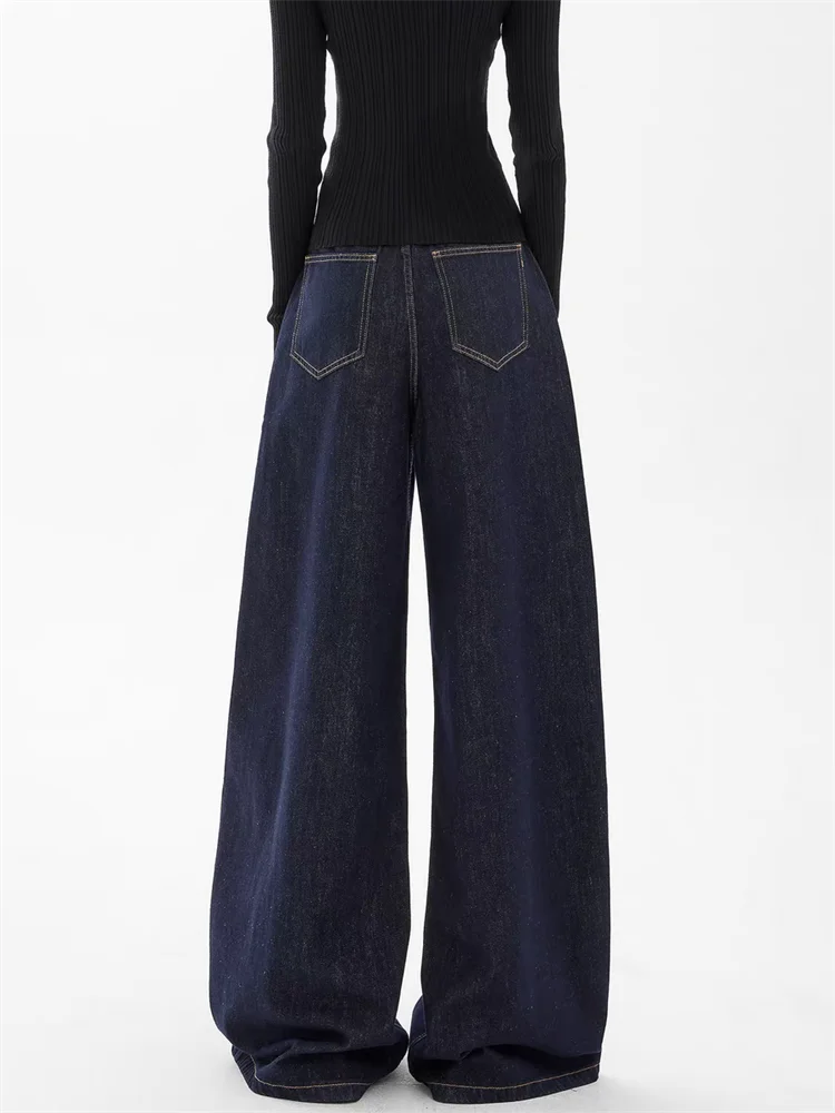 Women's Solid Color Baggy Casual Denim Trousers Cool Girl High Waisted Pants Female Straight Loose Wide Leg Deep Blue Jeans
