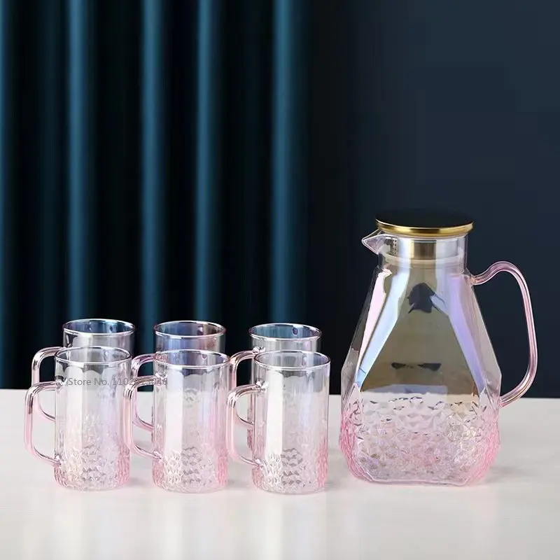 1.6L Transparent Gradient Pink Glass Teapot Set Hot Cold Water Water Jug Coffee Pot Home Water Carafe Heat-resistant Cup Kettle