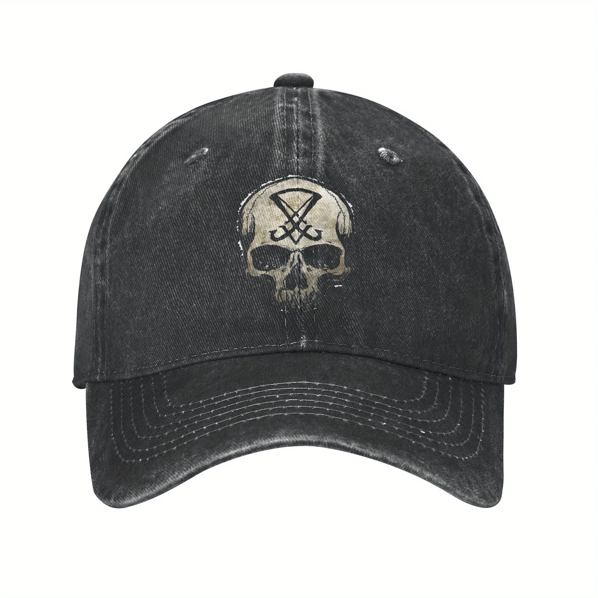 Sigil of Lucifer Skull Baseball Cap - Vintage Distressed Black Trucker Dad Hat with Adjustable Snapback, Six-Panel Breathable De