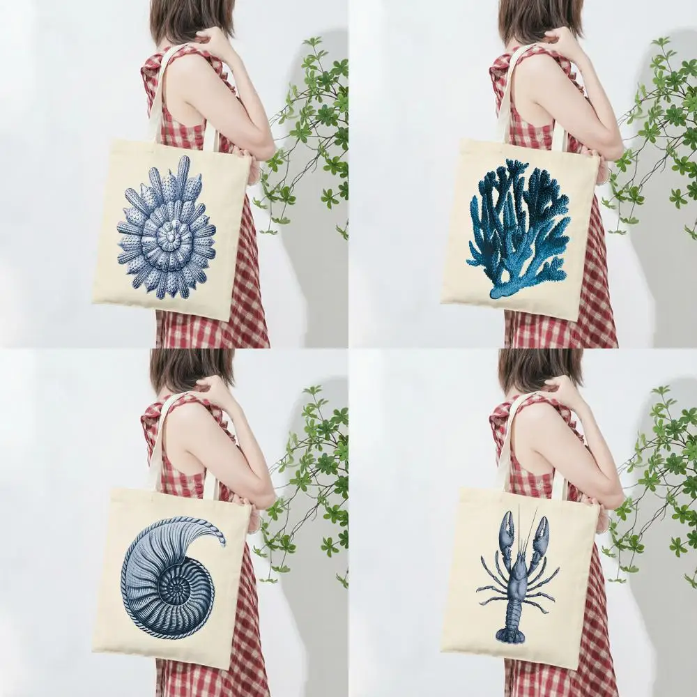 Colorful B-Blue Sea Creature Coral Shrimp Storage Bags Lightweight Printed Canvas Bag Portable Daily Shopping Shoulder Bag
