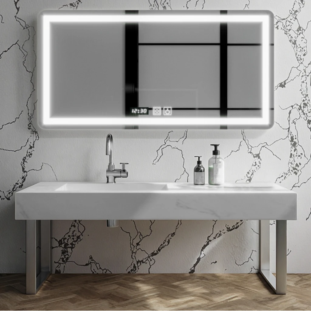 Rectangular LED Bathroom Mirror with Smart Display - Anti-Fog Illuminated Vanity Mirror Wall Mounted for Modern Bathroom