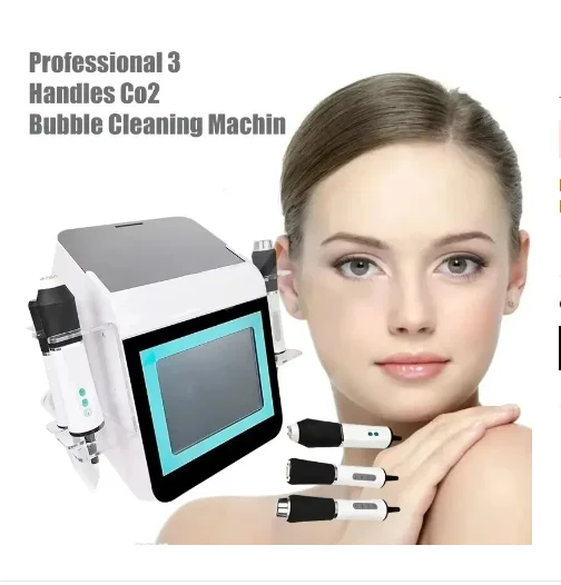 أحدث 3 في 1 آلة فقاعة الأكسجين CO2 مع الأشعة فوق البنفسجية RF بالموجات فوق الصوتية شد الجلد تقشير متعدد الوظائف جهاز العناية بالبشرة الجمال