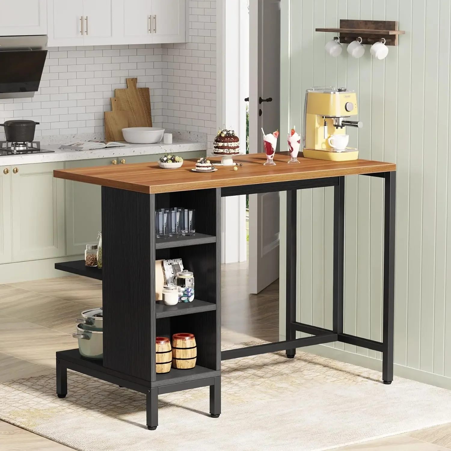 Kitchen Island, Kitchen Shelf Kitchen Bar Table with 5 Open Storage Shelves and Large Worktop, Industrial Butcher Block Island