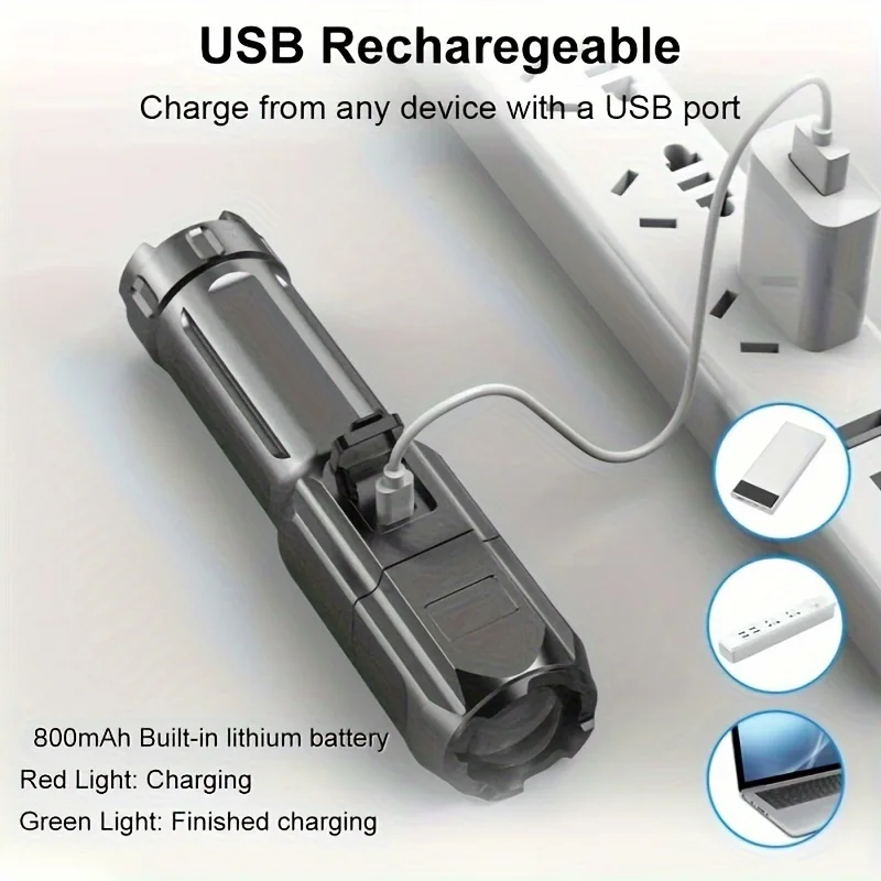 ไฟฉาย LED แคมป์ไฟฉายอลูมิเนียมอัลลอยด์ชาร์จด้วย USB โคมไฟซูมสปอตไลท์แบตเตอรี่ในตัวสำหรับตกปลากลางแจ้งกันน้ำ