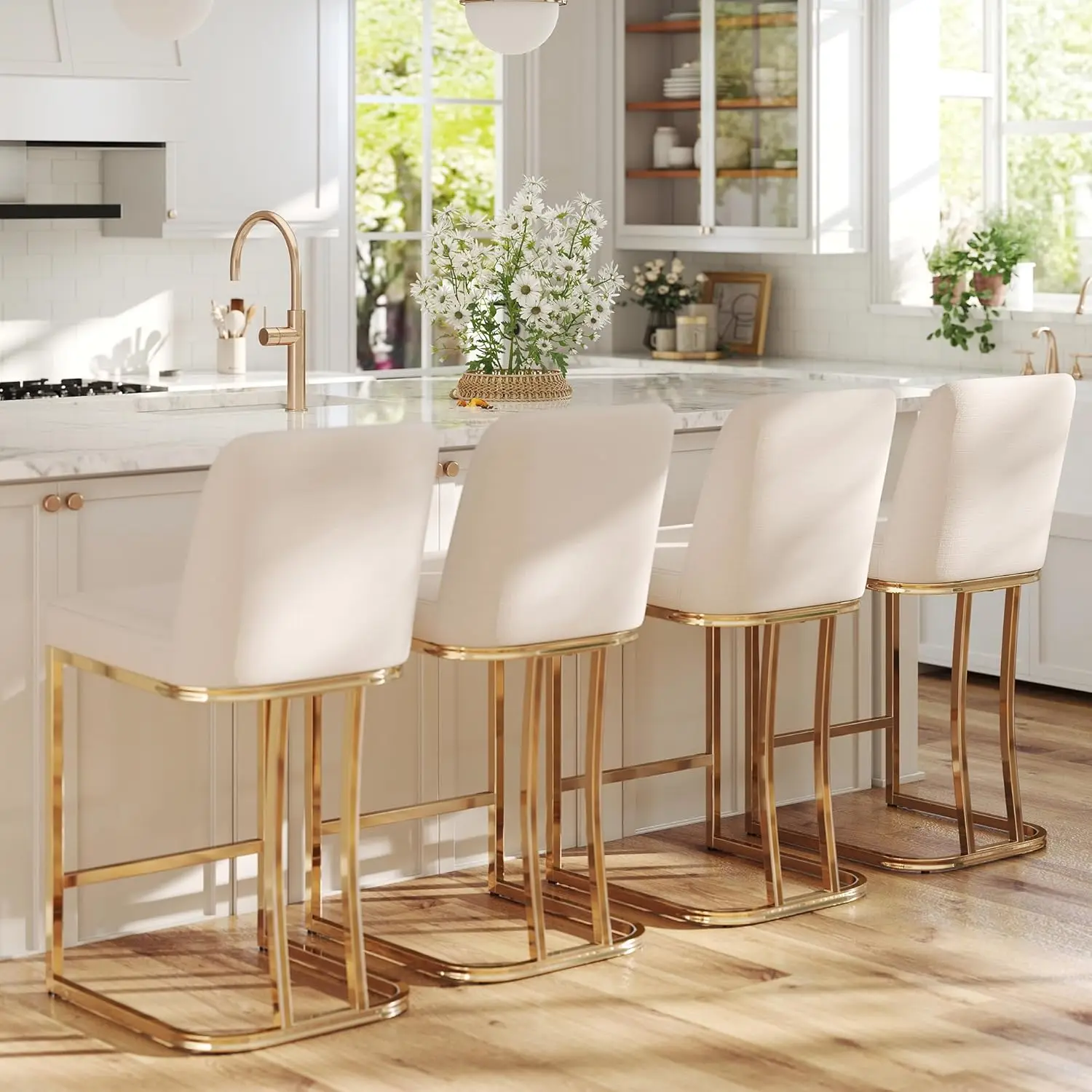 

Набор из 4 барных стульев высотой 24 дюйма с льняной обивкой, золотистым металлическим каркасом, для кухонного острова или столовой, кремового цвета, на заказ