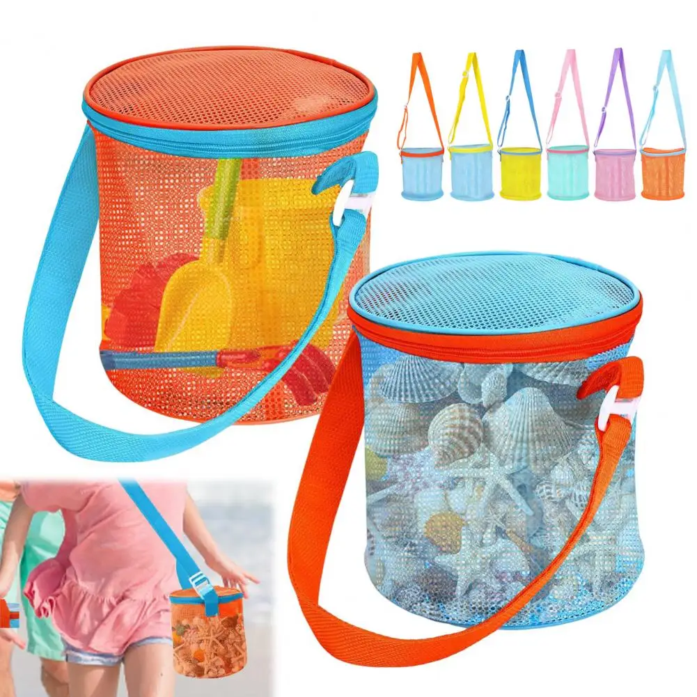 Seau de rangement de plage multifonctionnel, capacité, sac de plage en maille avec bandoulière pour voyage, support de coquillage, jouet de sable à utiliser