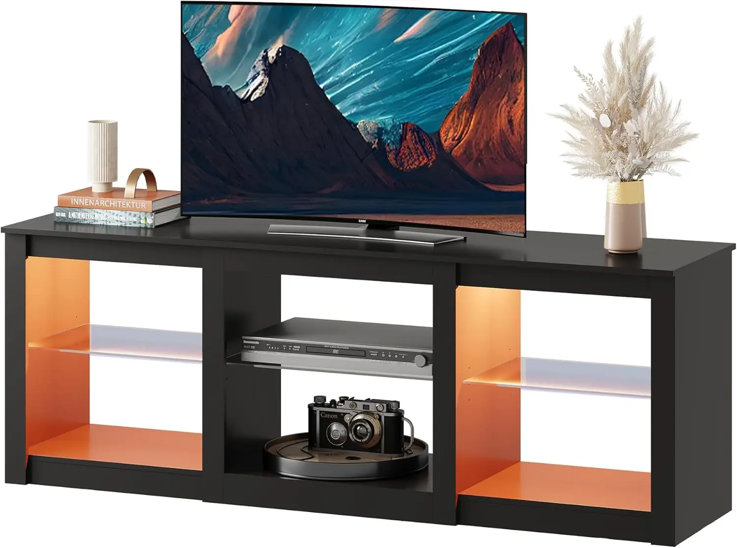 TV Stand for 65 Inch TV, 58“ Entertainment Center with Adjustable Glass Shelves, LED TV Stands for Living Room, Black