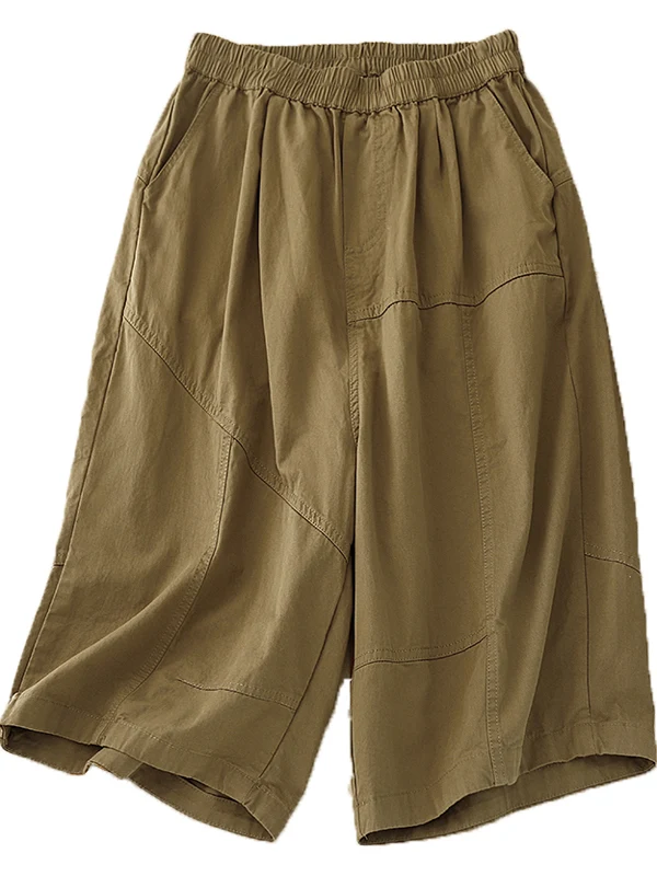 Katoenen broek met wijde pijpen Dames Loose Fit Elastische taille Casual losse damesbroek met vijfkwartlengte Sli Afslanken