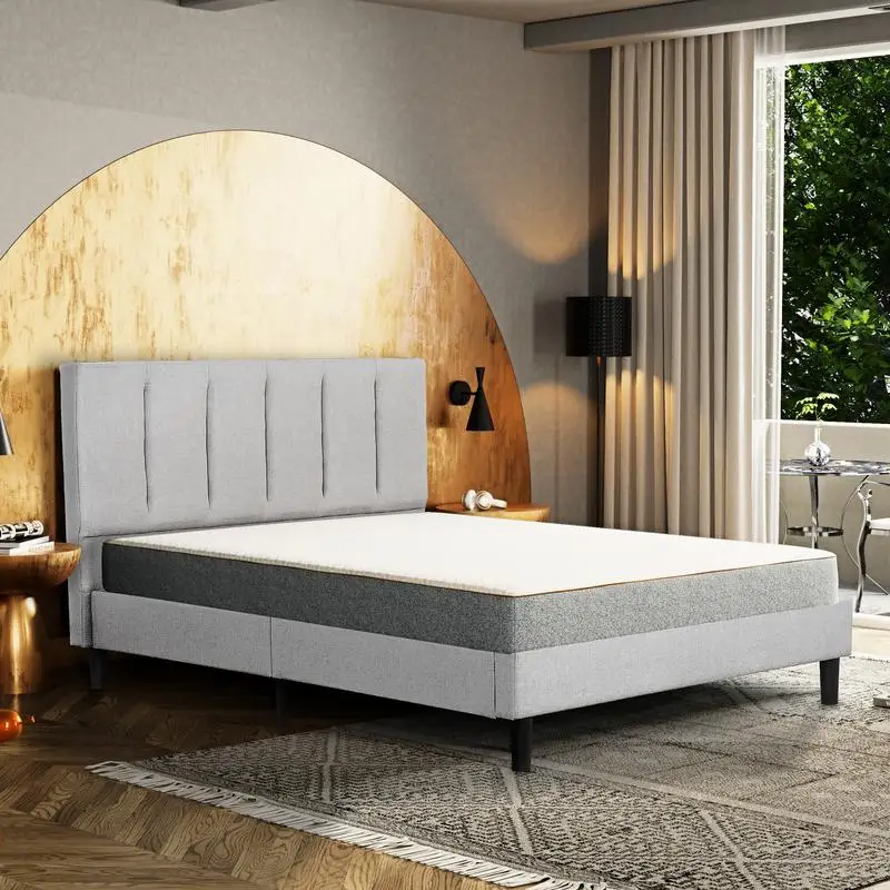 Full Size Platform Bed Frame, Upholstered Fabric Bed with Tufted Headboard, Gray Color