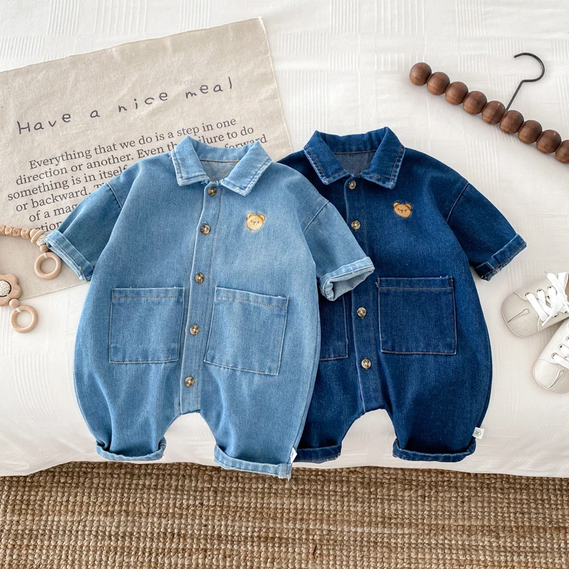 Korean Style Newborn Bodysuit Baby Jumpsuit Boy Girl Autumn Outdoors Bear Prints Denim Romper 0-2yrs