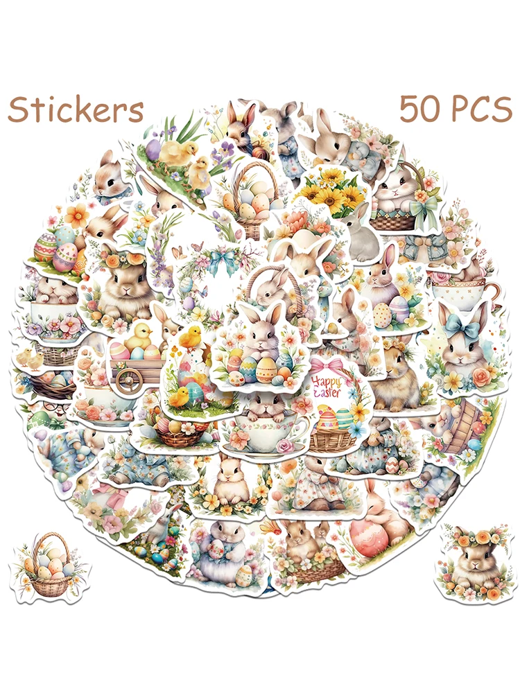 50 stks Cartoon Paasei Bunny Stickers Voor Telefoon Laptop Plakboek DIY Graffiti Esthetische Waterdichte Stickers Creatieve Geschenken - afbeelding 2
