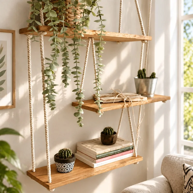 Three-Tier Macrame Hanging Shelves Crafted for Indoor Plants and Stylish Home Decoration