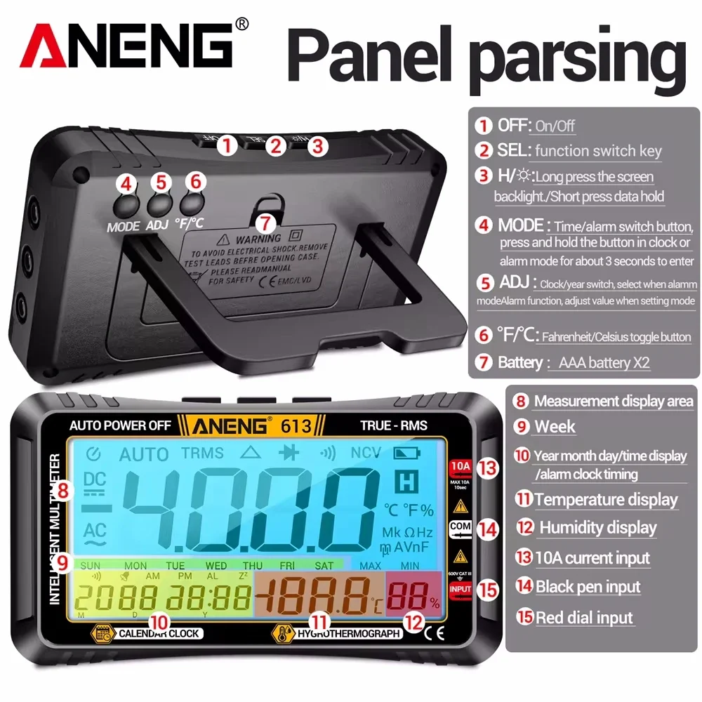 ANENG 613 Smart Multimeters DC/AC Voltage Capacitor Tester 4000 Counts 10A Current 600V Voltmeter Test Alarm Clock Set Tools