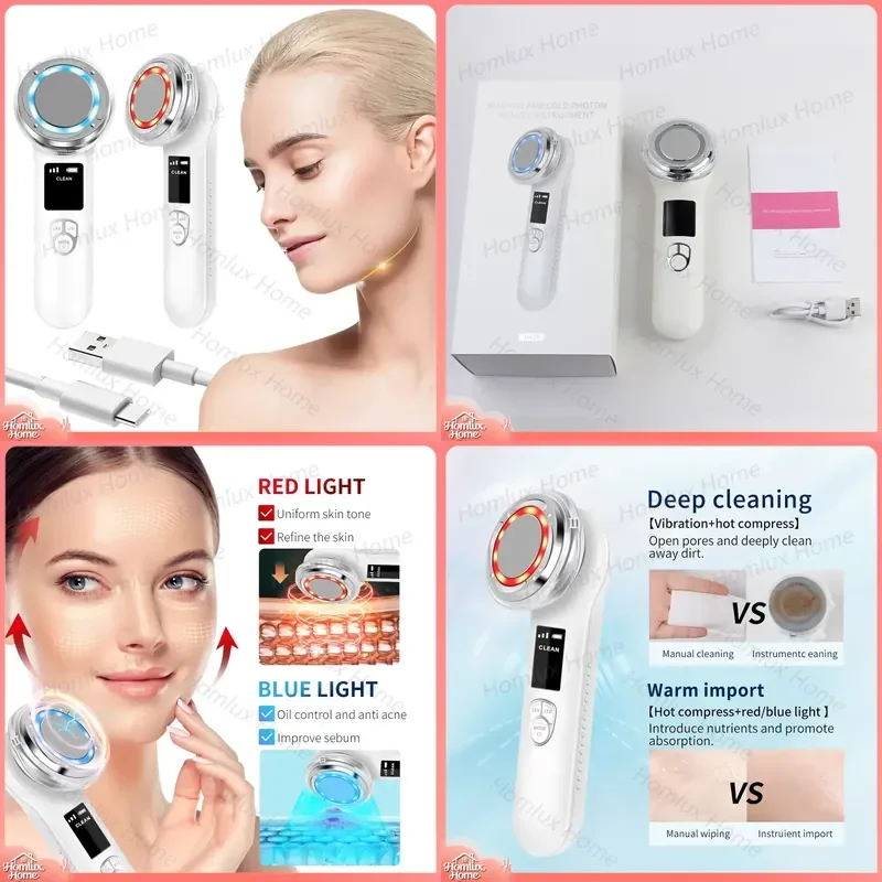 8 in 1 Facial Massager for Women Slimming Face Lift Vibration Device with 6 LED Light Therapy Strips ABS Handheld Beauty
