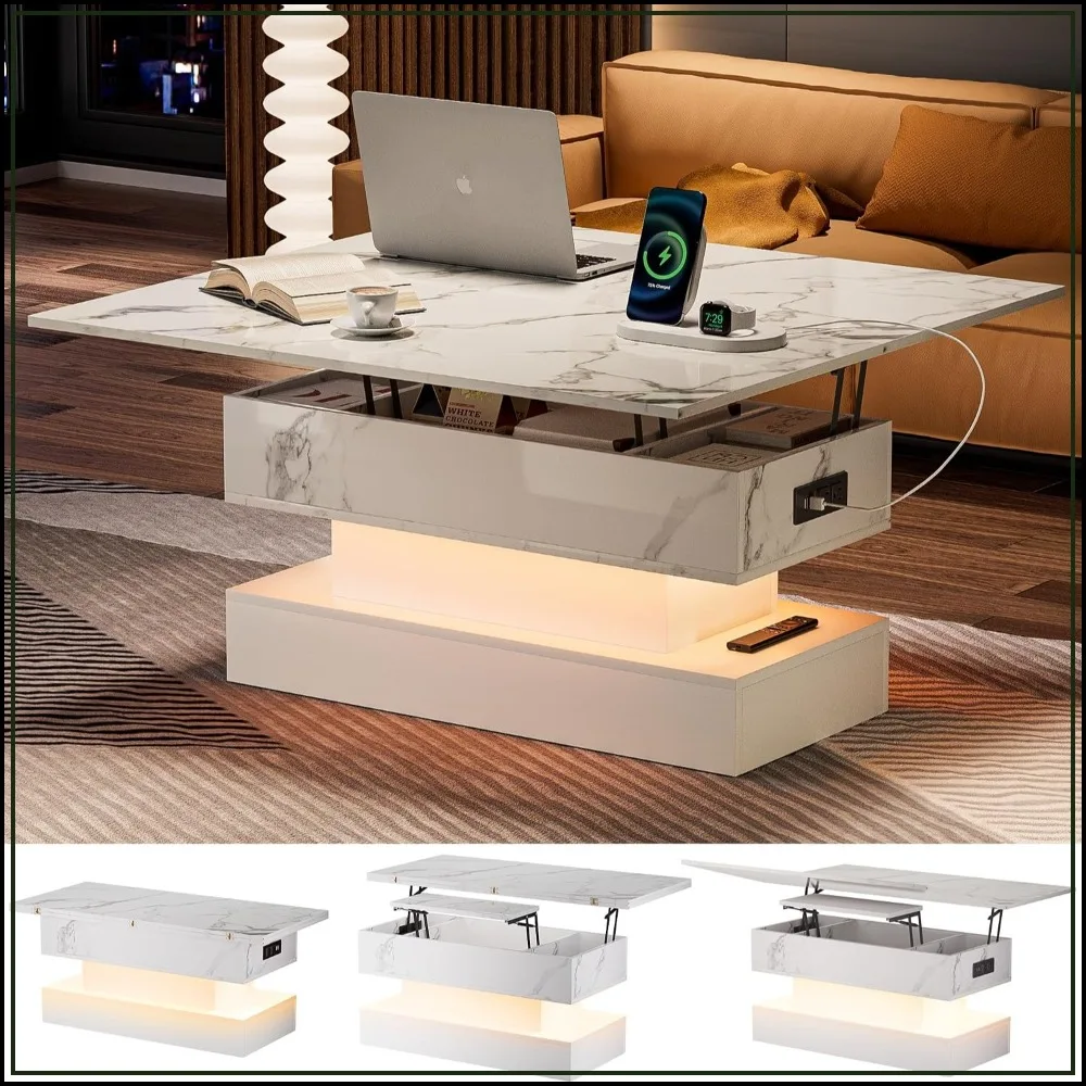 Modern High Gloss Lift Top Coffee Table with LED Lights, Adjustable Height, Charging Station, White