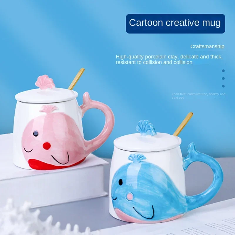 Creative Relief Three-dimensional Water Cup Hand-painted Bear Whale Clown Mug with Lid Scoop Cute Ceramic Home Couple Coffee Cup