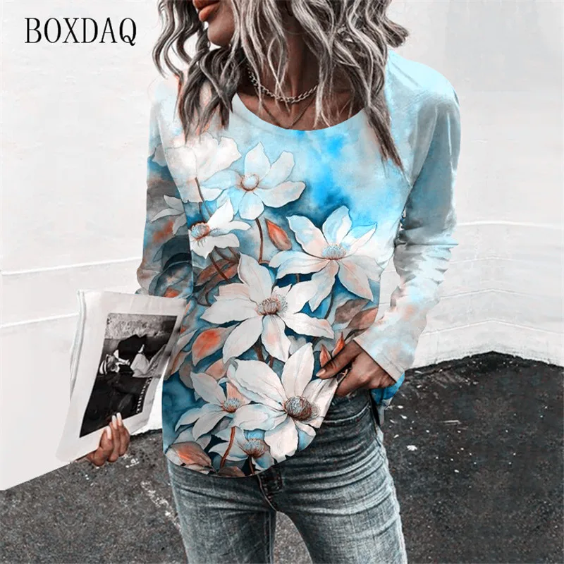 Long Sleeve Women Floral T-Shirts Spring Autumn 3D Flower Print Street Ladies Tees 6XL Plus Size Female Clothing Casual Tops