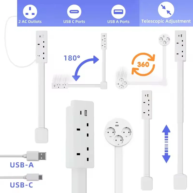 Electrical Wall Plug Rotates Electrical Outlet Extender Adjustable Length Power Outlets Extender Power Socket for Night Stand