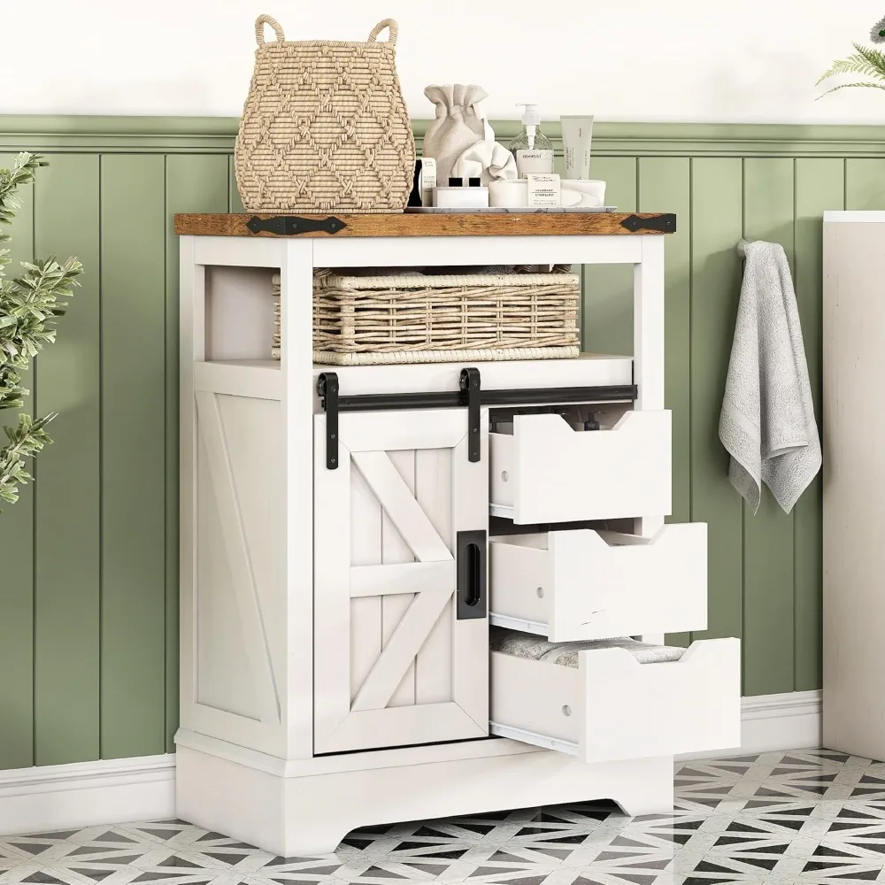 

Farmhouse 24" Bathroom Floor Cabinet, Bathroom Storage Cabinet with Sliding Barn Door & 3 Storage Drawers, Storage Cabinet