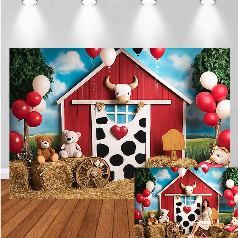 LS Photography Backdrop Red House Cow Hay Bale Balloon Decor Birthday Cake Smash Kids Adult Portrait Photo Background Studio