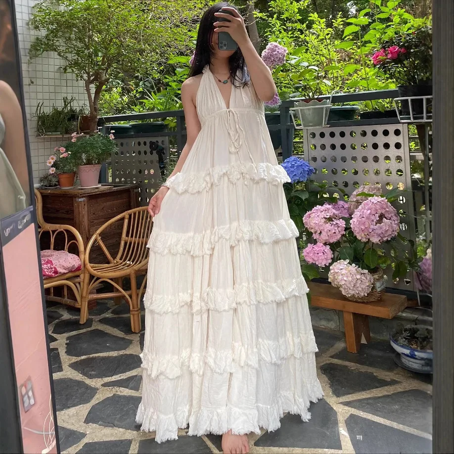 المرأة مثير البوهيمي عطلة العميق الخامس الرقبة الكشكشة فستان طويل سيدة بلون بلا أكمام عالية الخصر ألف خط فستان ماكسي كعكة