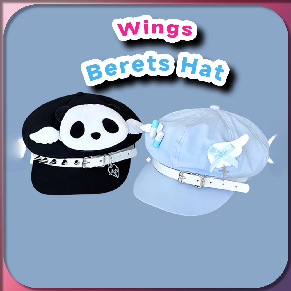 

Kawaii Berets Hat Anime Cute creative Y2K Newsboy Hat Summer Fashion Panda Wings Cartoon Bone Octagonal Cap with Rivet