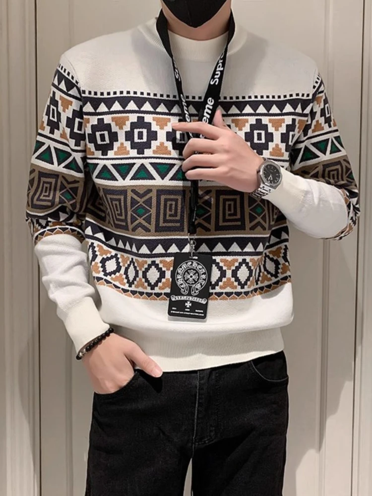 

Мужской этнический жаккардовый свитер с геометрическим рисунком, винтажный цветной блок, облегающий вязаный уличный свитер с круглым вырезом, весна-осень, клетчатый базовый слой