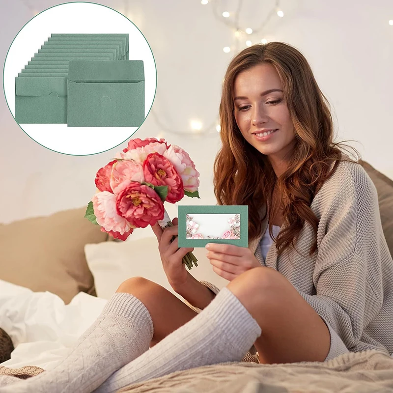 Bolsa de sobres con ventana verde salvia, 50 Uds., 10x6cm, papelería de negocios, postal, caja de regalo, embalaje, sobre de carta, invitación de boda