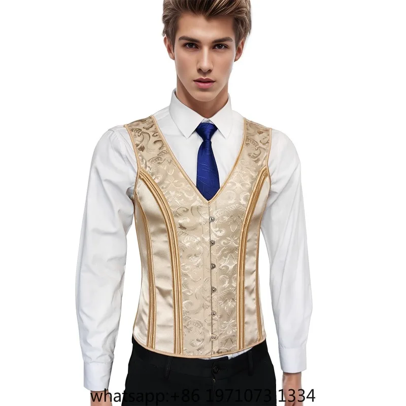 Mens Corset Vest Lace Up Bones Formal Waistcoat Beige Floral Waist Trainer Dress Vest For Wedding Party Tight Tops