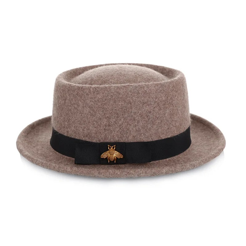 Women Autumn Winter 100% Wool Fedora Hat, Bee Ornament Felt Hat Traditional Craft