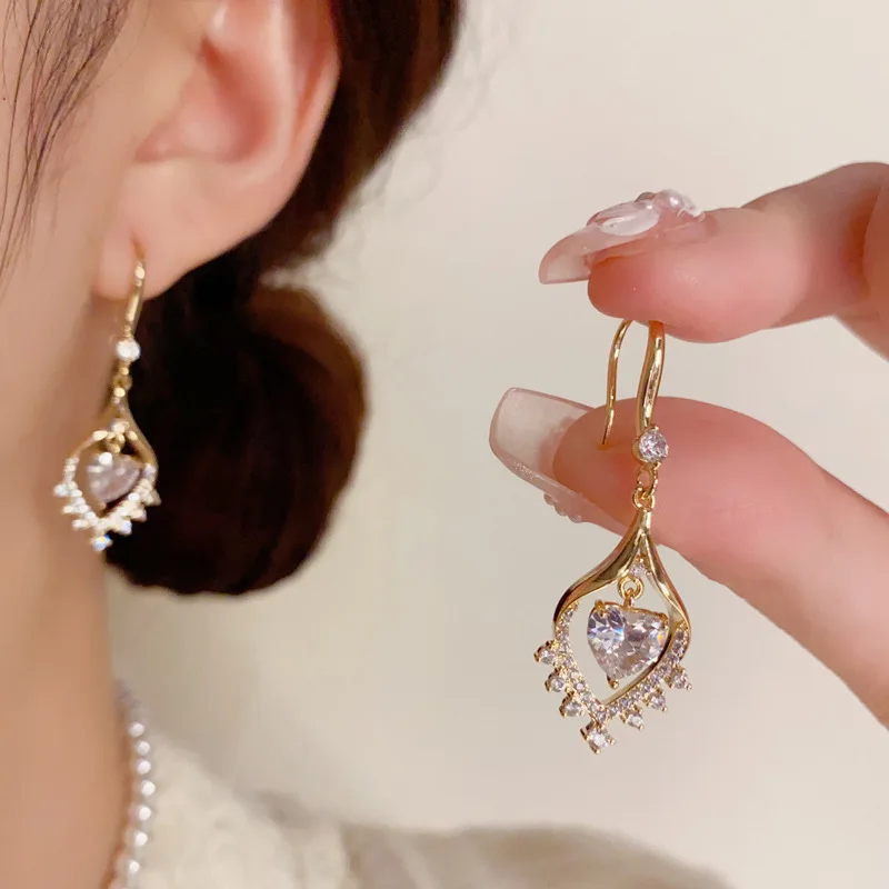 Korean Fashion Design Zircon-Encrusted Love Water Drop Fringed Ear Hook Exquisite Versatile Premium Earrings Women