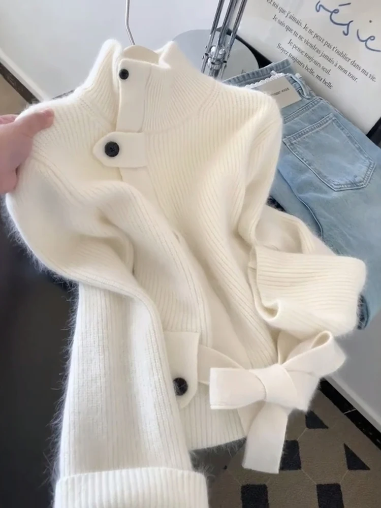 

Loose Fit Knitted Sweater Women's White f High Collar Belted Lazy Sle Autumn Winter New Arrival Slimming Outerwear Top