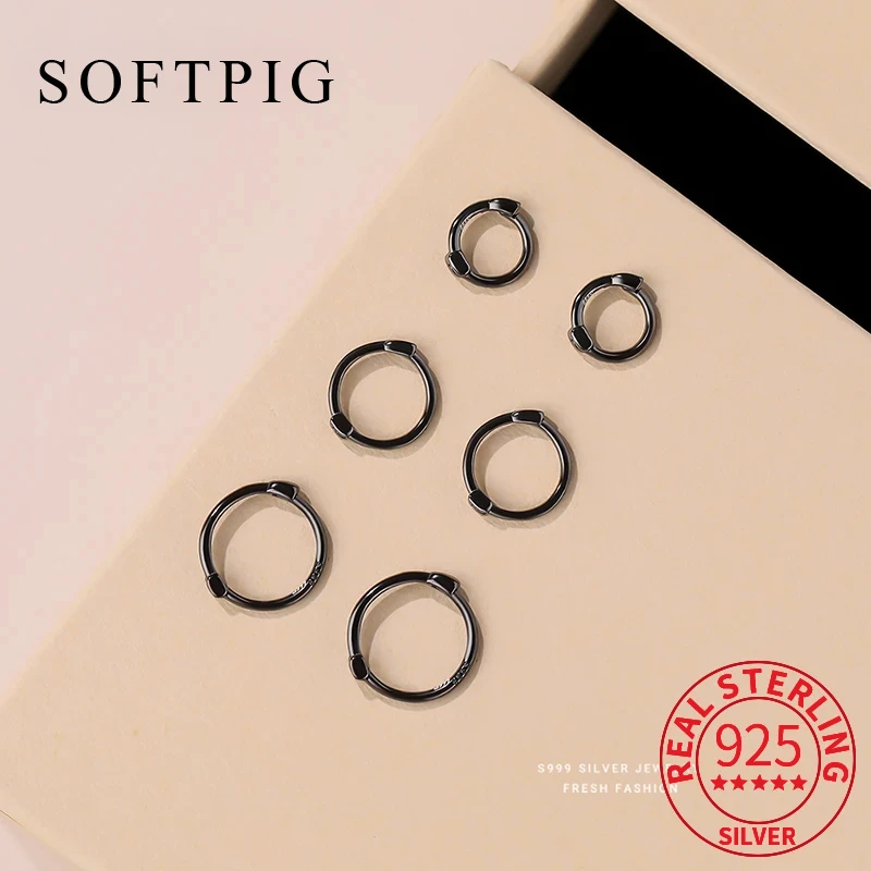 SOFTPIG Real 925 Sterling Silver 8/10/12MM Black Round Hoop Earrings for Women Classic Fine Jewelry Minimalist Accessories