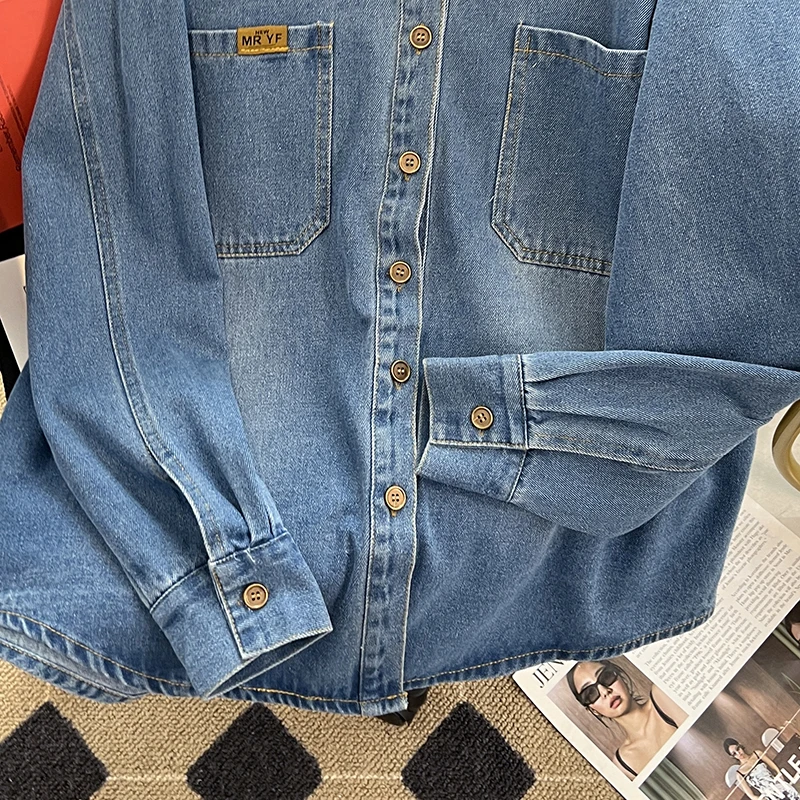 Spring Fashion Single-breasted  Korean Simple  Vintage Long-sleeved All-match Blue Denim Shirt For Women Z180