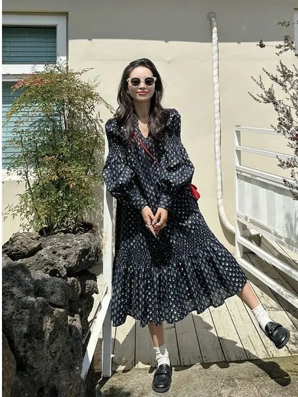 حجم كبير 300 Pou المرأة الأزهار طويلة Dr الكورية Sle فضفاض Svel Dr عالية الخصر ألف خط تنورة مريحة للتنفس...