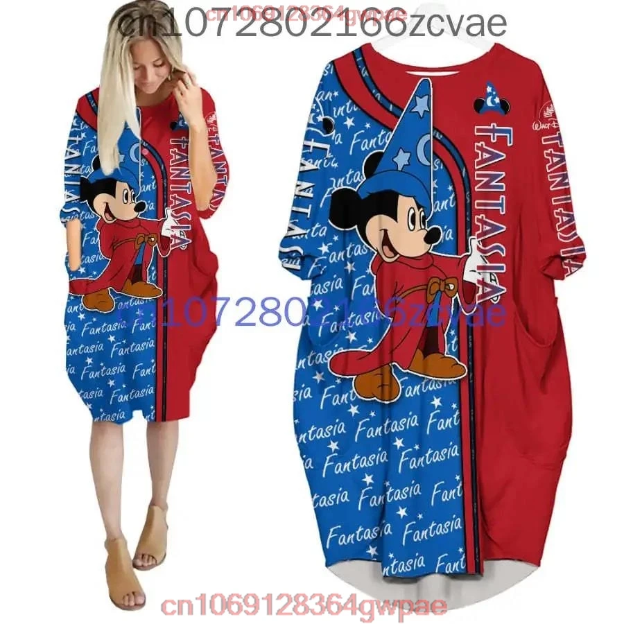 Daisy Duck Oversize Long Sleeves Pocket Dress Disney Cartoon Batwing Pocket Dress Women\'s Fashion Versatile Loose Party Dress