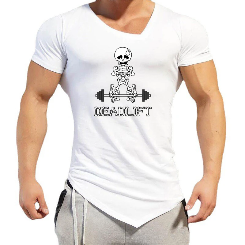 T-shirt de manga curta para homens, feita de algodão, respirável, com decote em v oblíquo, slim fit, fitness, ginásio, musculação, bainha irregular